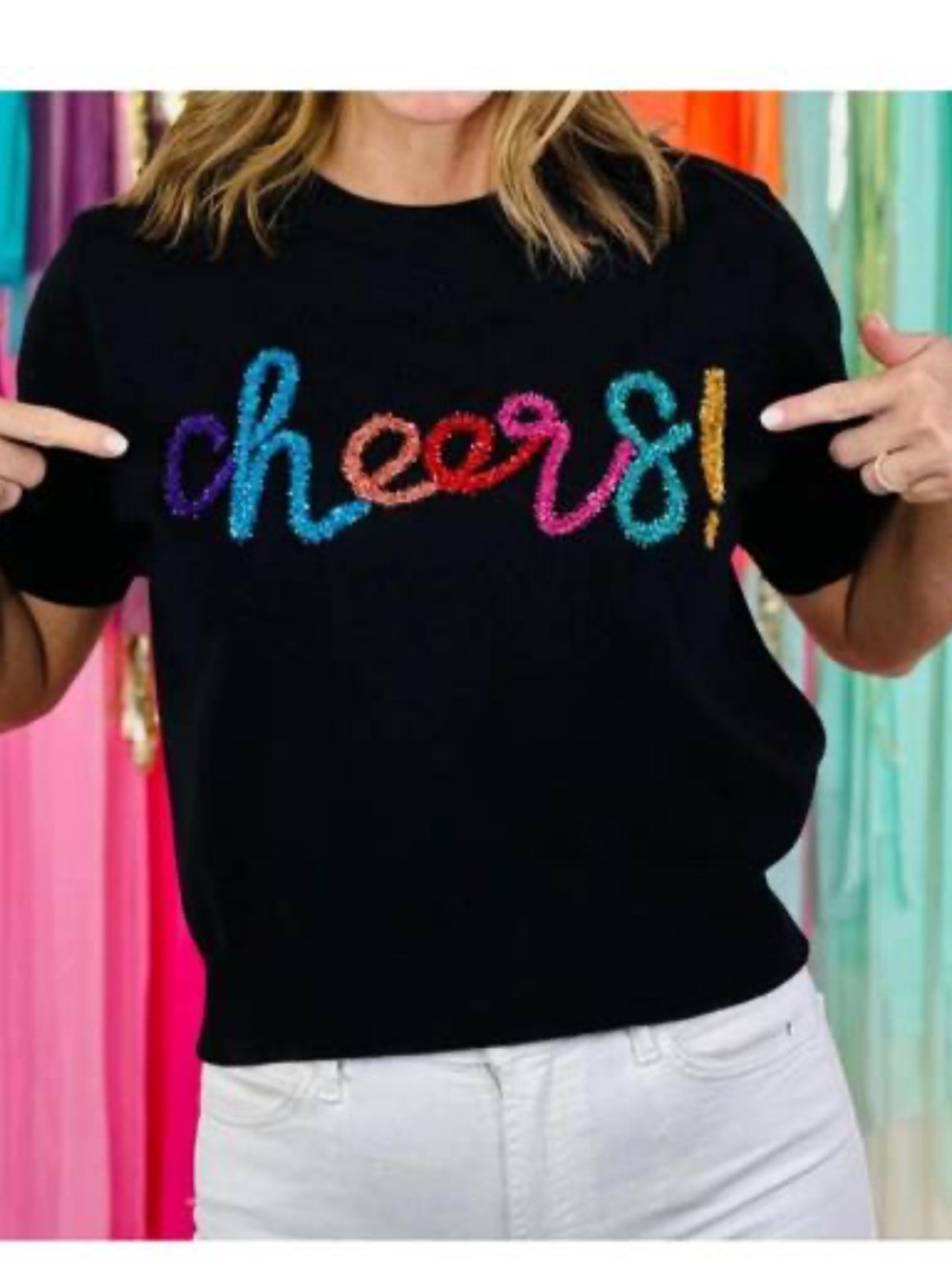 NEW QUEEN OF SPARKLES black cheers glitter script short sleeve sweater Medium